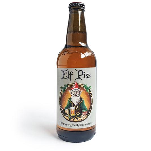 Elf Piss joke bottle labels for beer or cider bottles. 3 sizes 275cl 335cl 500cl.