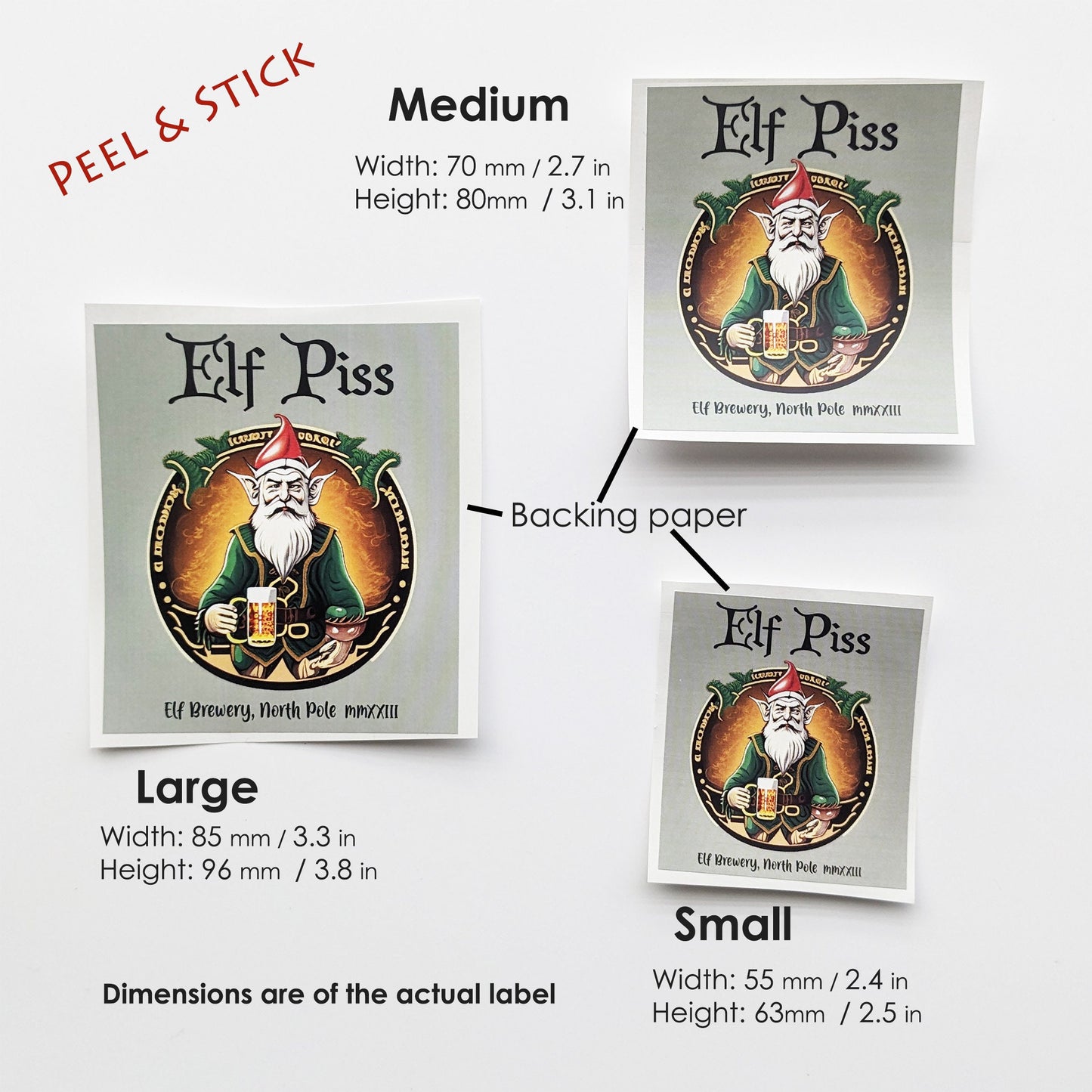 Sizes Of Funny Elf Piss Bottle Labels