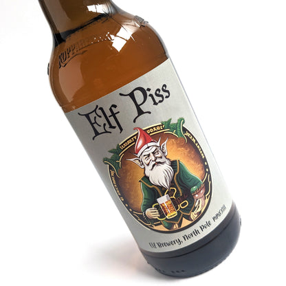 Elf Piss joke bottle labels for beer or cider bottles. 3 sizes 275cl 335cl 500cl.