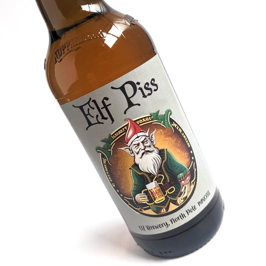 Elf Piss joke bottle labels for beer or cider bottles. 3 sizes 275cl 335cl 500cl.
