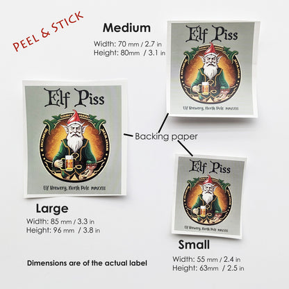 Sizes Of Funny Elf Piss Bottle Labels