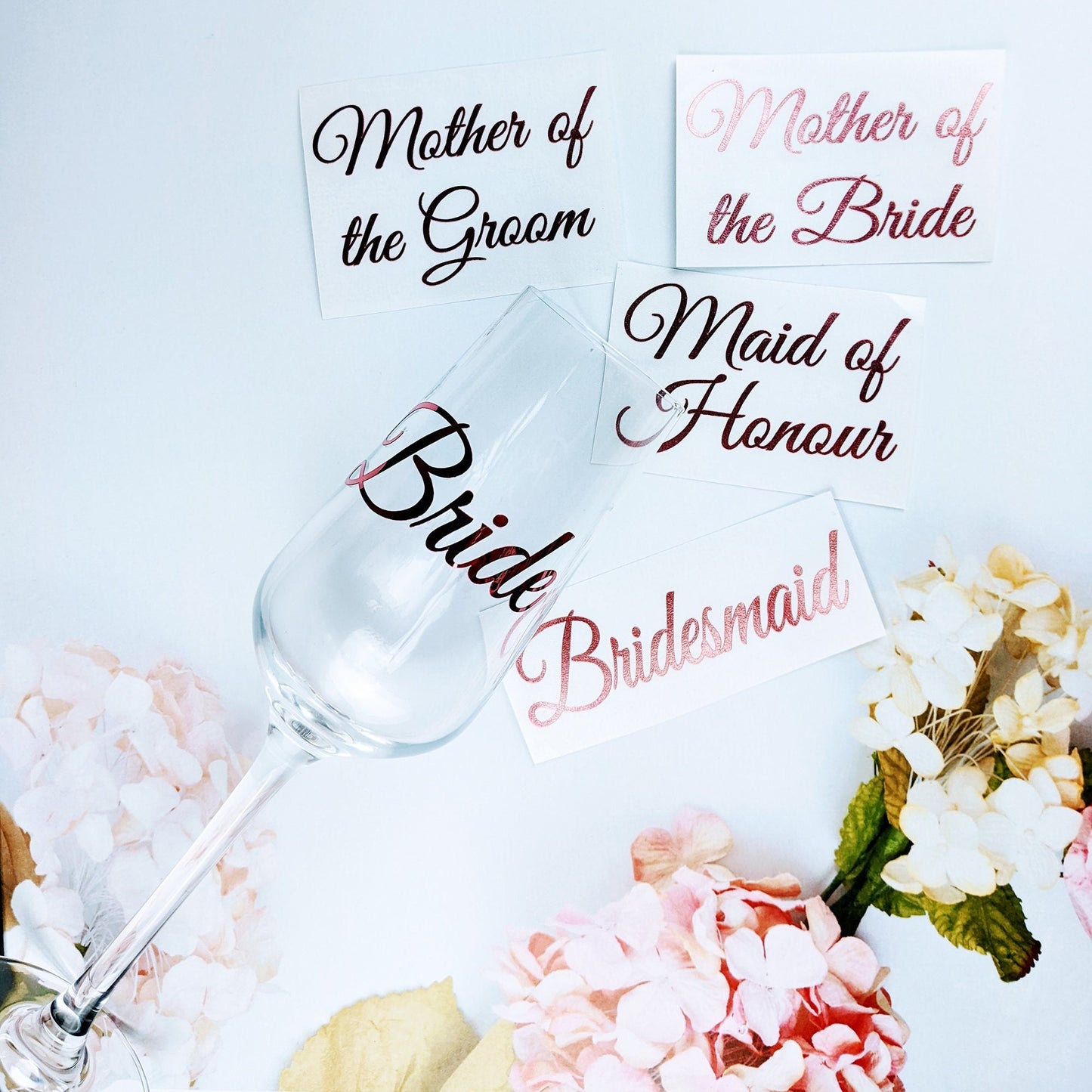 Champagne flute sticker, Wedding glass vinyl stickers, you can choose Names or Bridal Roles, decal, DIY party glasses, Personalised decals