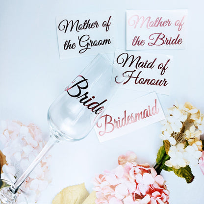 Champagne flute sticker, Wedding glass vinyl stickers, you can choose Names or Bridal Roles, decal, DIY party glasses, Personalised decals