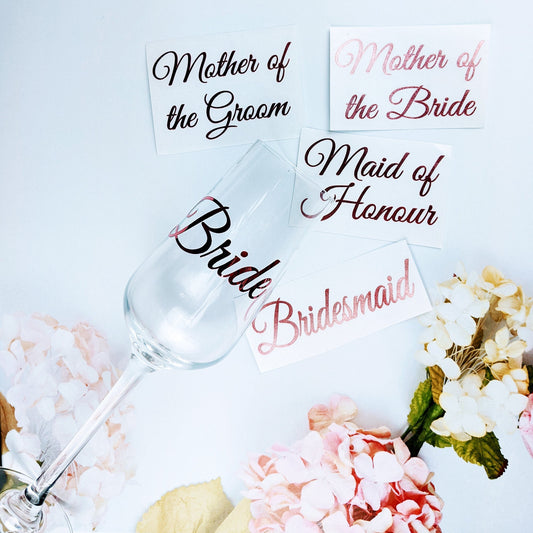 Champagne flute sticker, Wedding glass vinyl stickers, you can choose Names or Bridal Roles, decal, DIY party glasses, Personalised decals